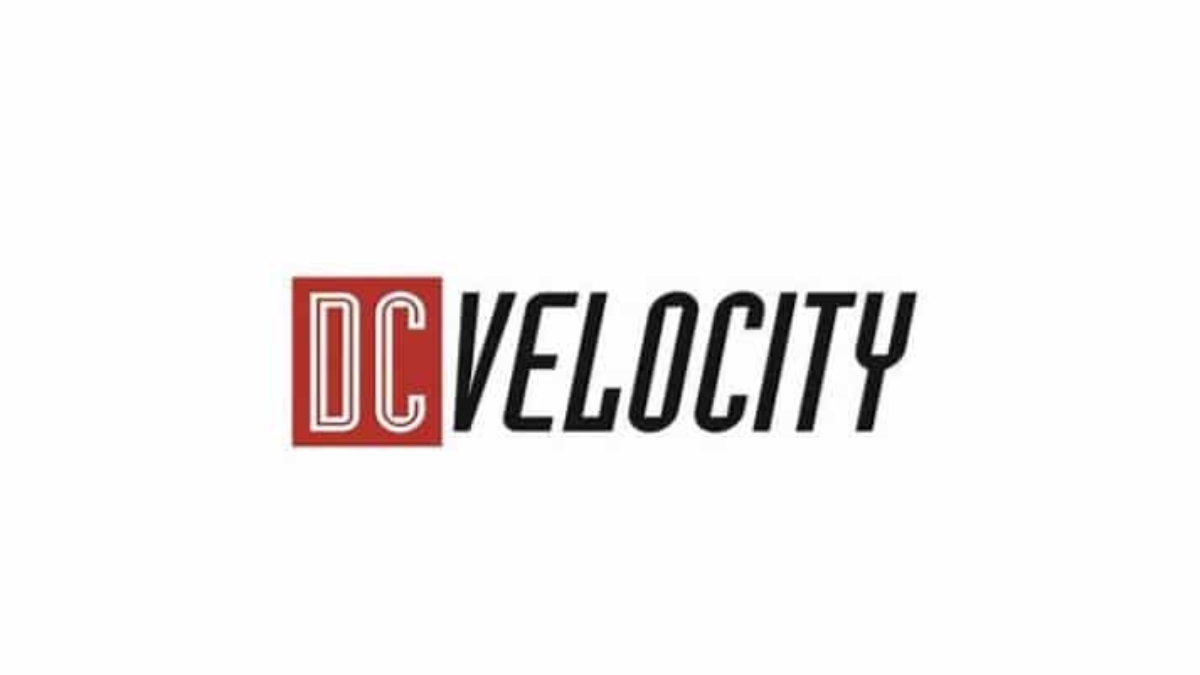 The DC Velocity logo features the letters DC in white on a red square, followed by the word VELOCITY in bold, black, italicized capital letters on a white background.