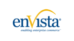 The image shows the enVista logo with enVista in blue text; the “V” is stylized with a gold swoosh. Below, in smaller blue text, it reads, “enabling enterprise commerce.” The background is white.
