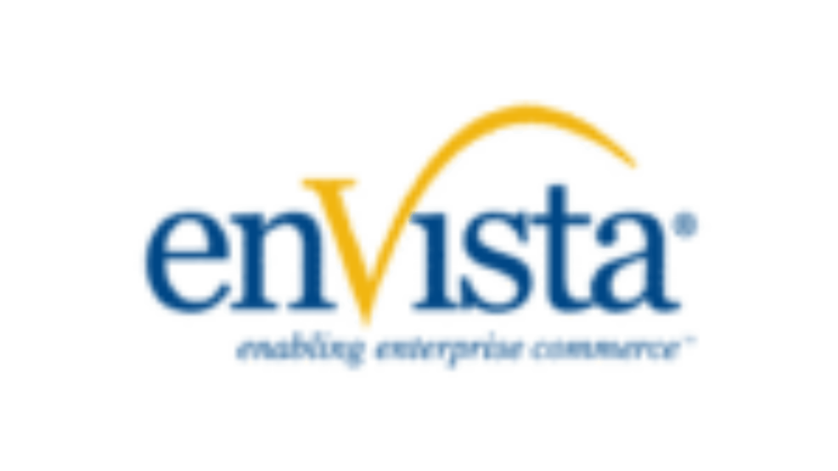 The enVista logo with the word “enVista” in blue, featuring a yellow curved checkmark forming the “V.” Below, in smaller blue text, it reads: “enabling enterprise commerce™.” The background is white.