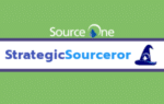 A green and white banner displays the Source One logo above the text StrategicSourceror in blue and navy, with a wizard hat graphic on the right side of the text.