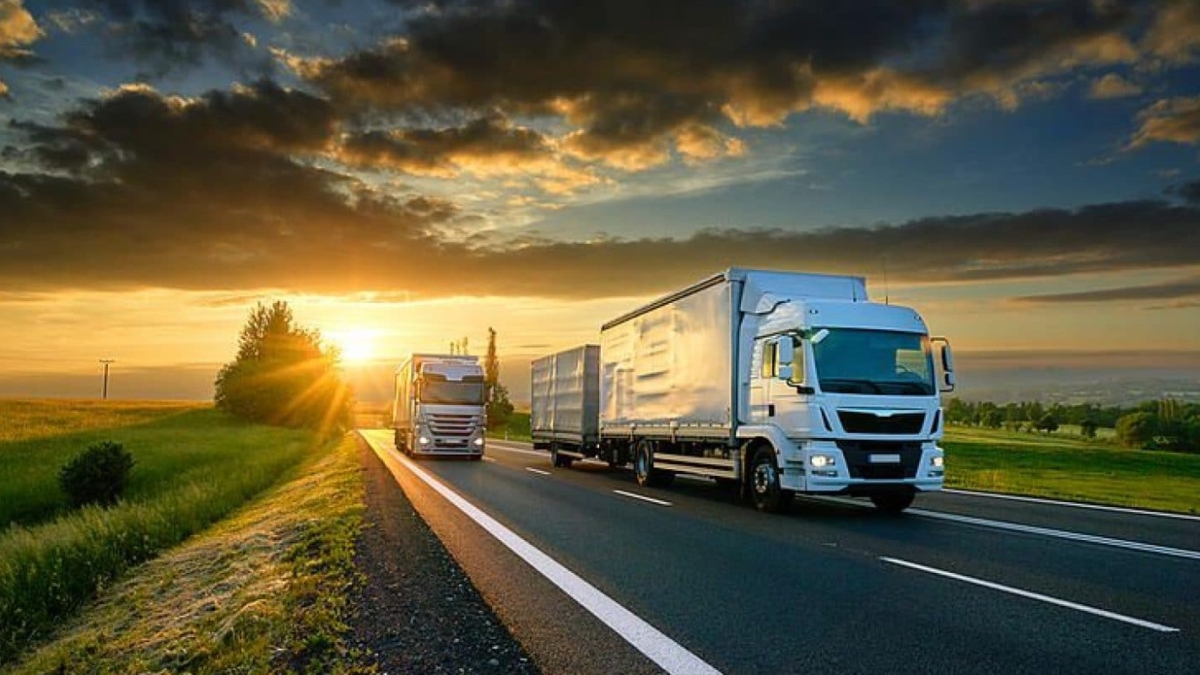 Two large trucks drive on a highway through green fields under a dramatic, cloudy sky at sunrise or sunset, with sunlight streaming onto the road.
