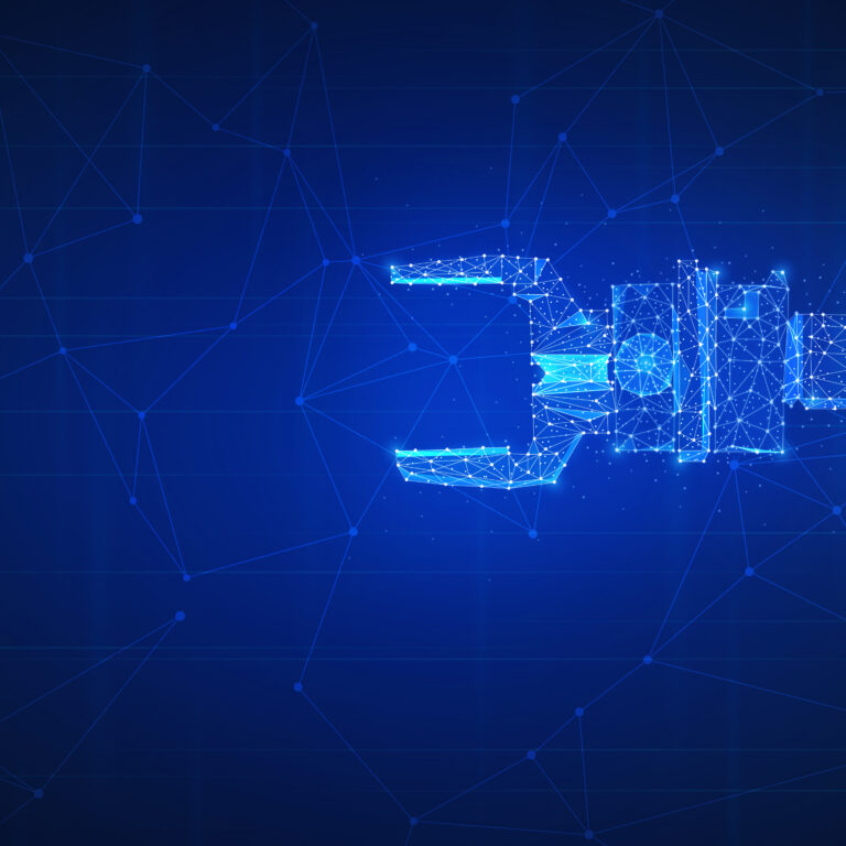 A digital illustration of a robotic arm made of glowing blue lines and dots, resembling a wireframe model, set against a dark blue background with abstract geometric network patterns.