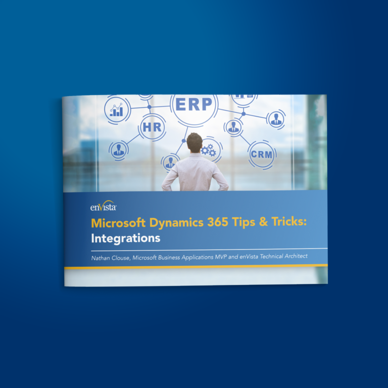 A brochure with the title Microsoft Dynamics 365 Tips & Tricks: Integrations by Nathan Clouse is shown, featuring icons for ERP, HR, CRM, and business technology on a blue background.