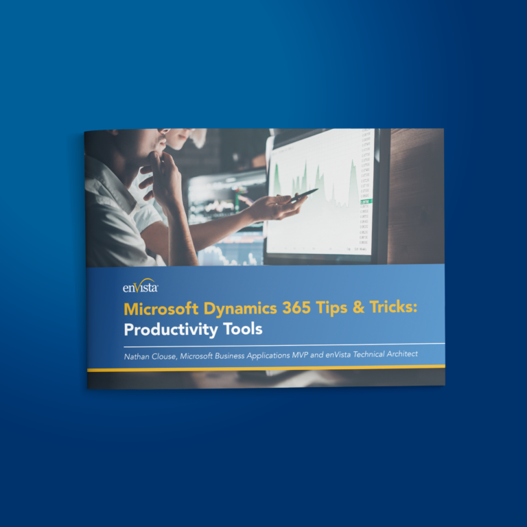 Cover of a guide titled Microsoft Dynamics 365 Tips & Tricks: Productivity Tools by Nathan Clouse, featuring two people working together, pointing at data charts on a computer screen.