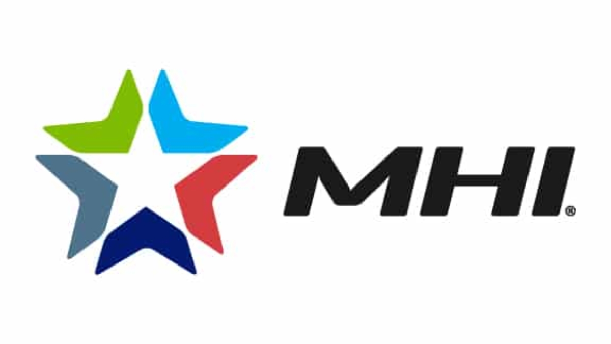 A five-pointed star made of green, blue, light blue, and red segments next to bold, black letters MHI on a white background.
