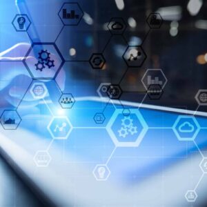 A person uses a stylus on a tablet with overlaid hexagonal icons representing technology, cloud computing, and data management, against a blurred background with blue and white lighting.