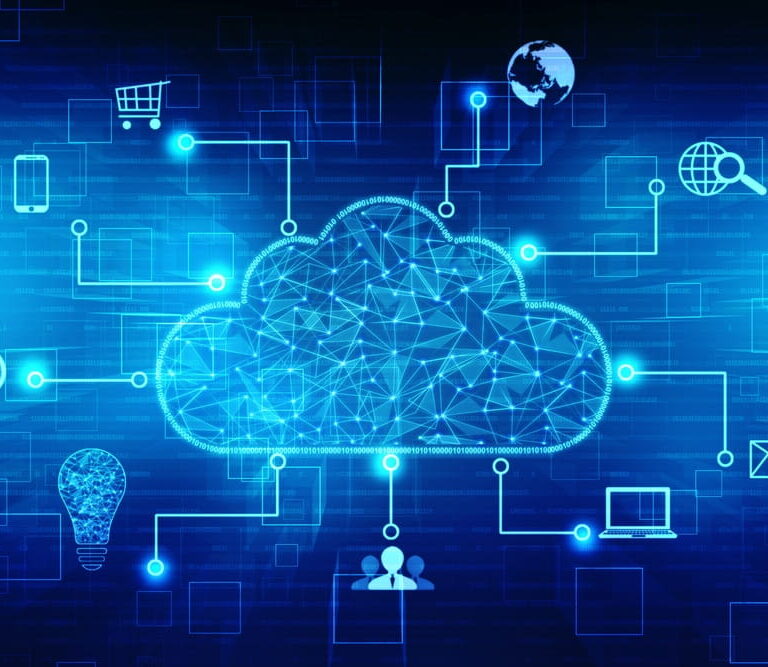 A glowing cloud icon in the center is surrounded by digital icons such as a lock, shopping cart, globe, laptop, email, and light bulb, representing various internet and cloud computing concepts on a blue digital background.