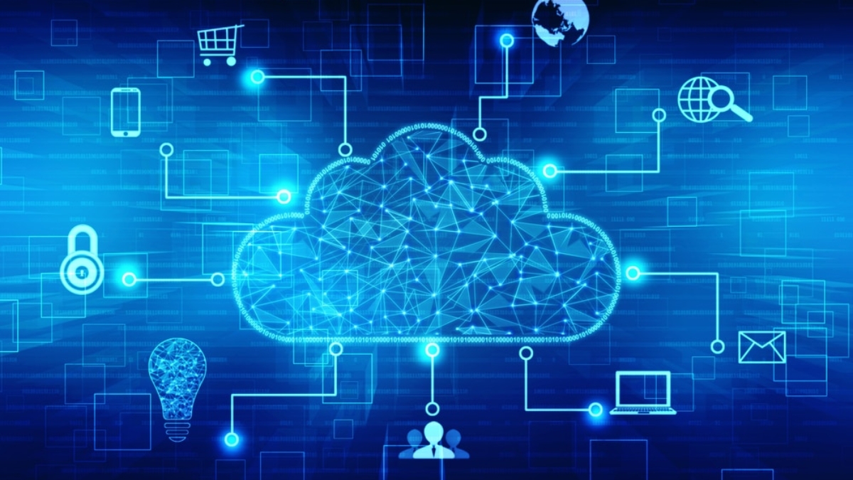 A glowing cloud icon in the center, connected to various technology symbols such as a lock, smartphone, shopping cart, globe, magnifying glass, email, and laptop on a blue digital background.
