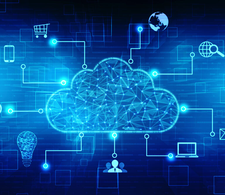 A glowing cloud icon in the center, connected to various technology symbols such as a lock, smartphone, shopping cart, globe, magnifying glass, email, and laptop on a blue digital background.