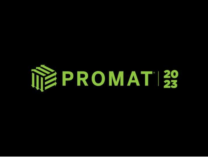 Green text on a black background reads PROMAT 2023 with a geometric cube logo to the left of PROMAT and 2023 stacked vertically to the right.