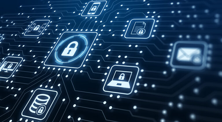 Digital illustration of a circuit board with glowing padlock icons, computer, email, and database symbols, representing cybersecurity and secure data connections on a dark background.