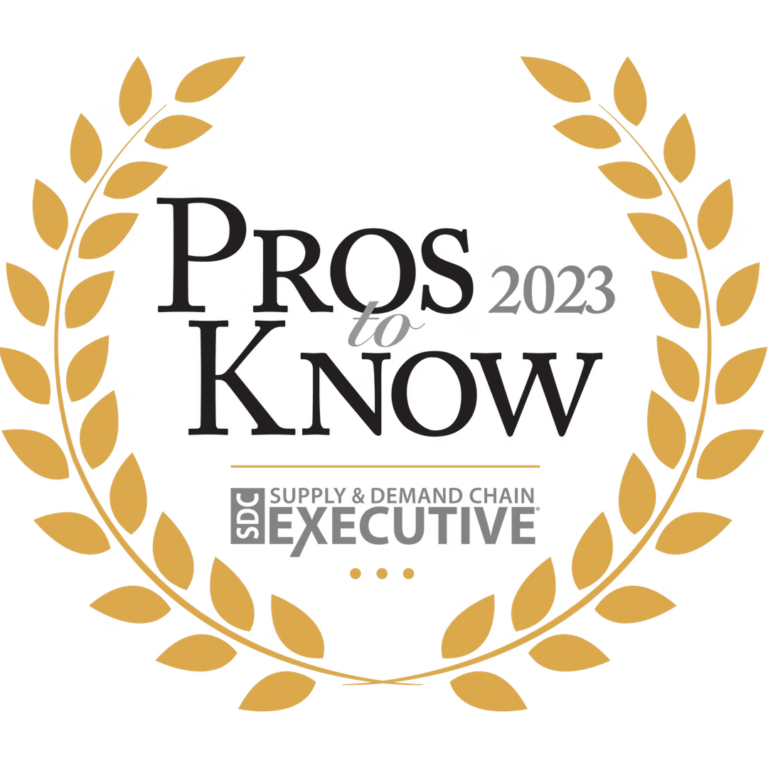 A gold laurel wreath surrounds the text Pros to Know 2023, with a logo below reading SDC Supply & Demand Chain Executive.