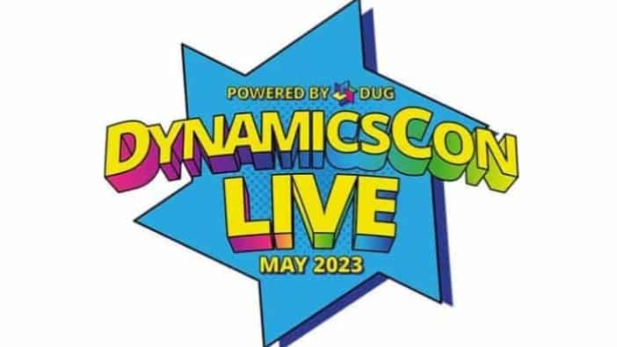 Logo for DynamicsCon Live, May 2023, powered by DUG. The words are in colorful, bold 3D letters over a blue star-shaped background.