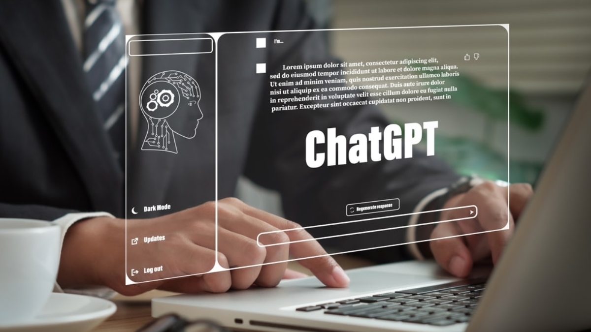 A person in a suit uses a laptop with a transparent virtual interface displaying ChatGPT, a brain illustration, and various menu options.