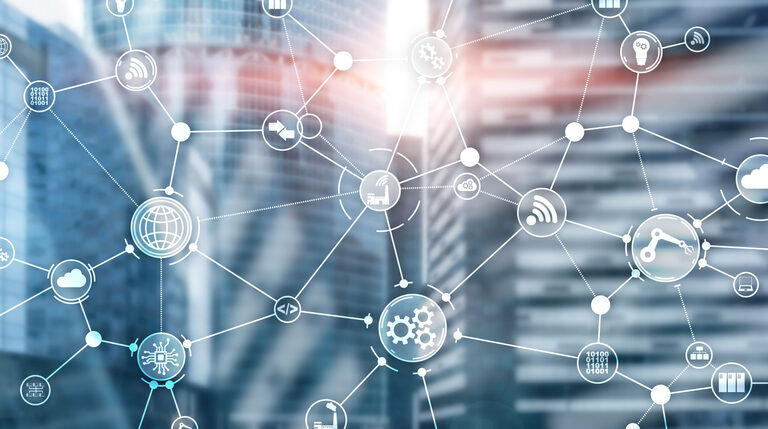 A network of interconnected digital icons representing technology, cloud computing, security, and business processes—key elements in planning strategy—overlaid on blurred modern office buildings in the background.