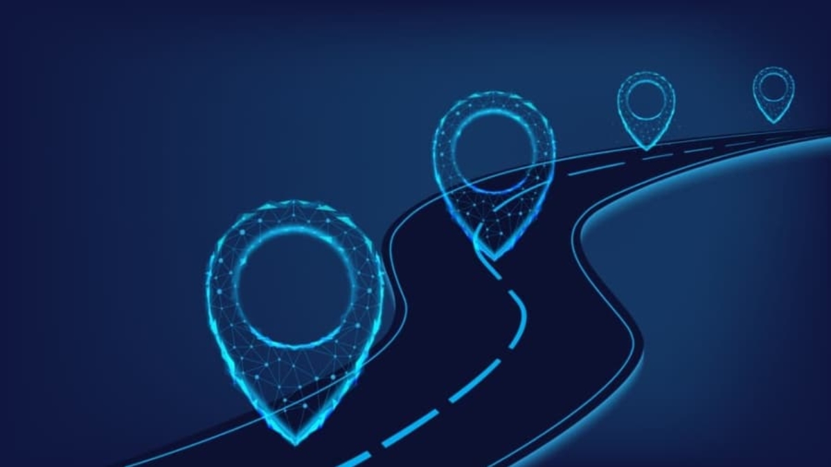 A digital illustration of a winding road with glowing blue location pins made of connected dots and lines, symbolizing navigation or mapping technology on a dark blue background.