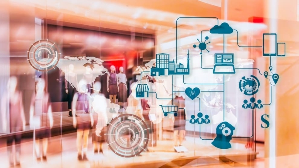 People walking in a brightly lit mall, with transparent digital icons and network diagrams overlayed, illustrating technology, shopping, connectivity, global business concepts, and cyber-attacks impacting modern transportation.