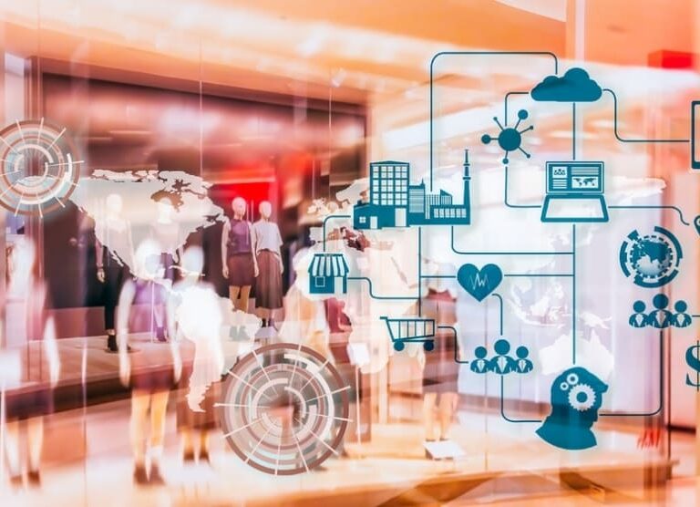 People walking in a brightly lit mall, with transparent digital icons and network diagrams overlayed, illustrating technology, shopping, connectivity, global business concepts, and cyber-attacks impacting modern transportation.