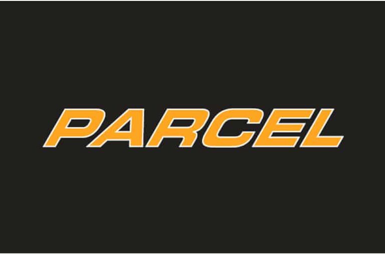 The word PARCEL is written in bold, yellow, italicized letters with a white outline on a dark background.