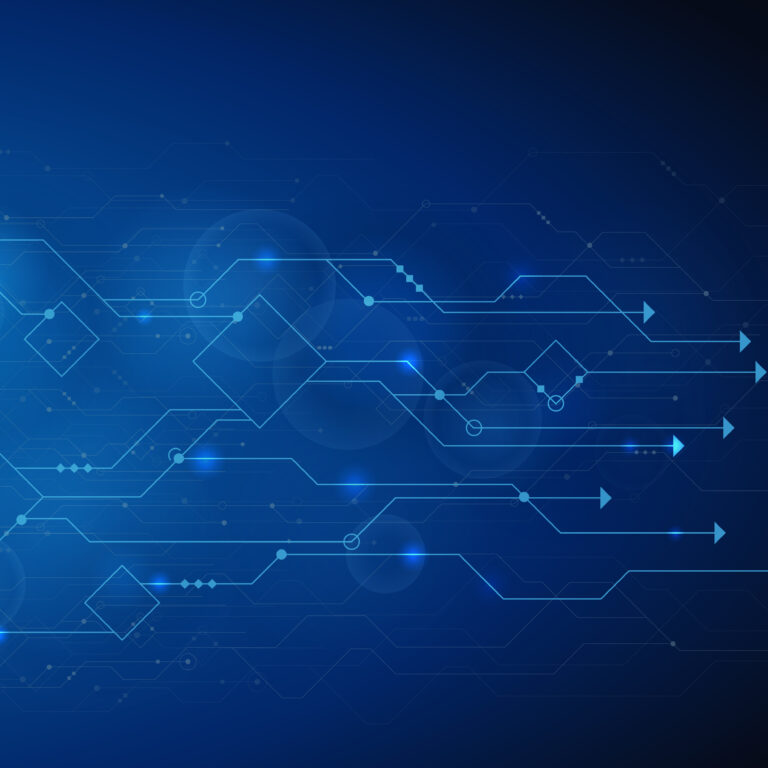 Abstract blue background featuring digital circuit lines and arrows pointing right, symbolizing technology, data flow, and innovation—perfect for illustrating a Microsoft D365 Business Central Upgrade with geometric shapes and glowing light effects.