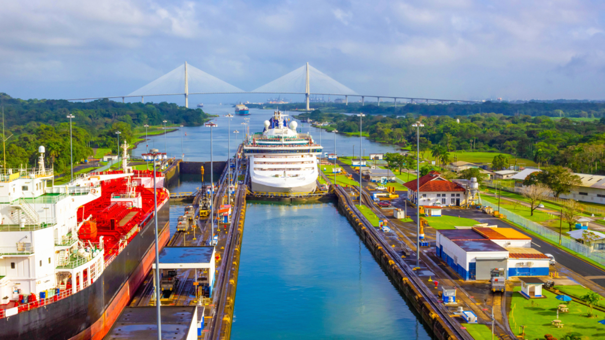 Large cargo and cruise ships pass through a canal lock, with a bridge and lush greenery in the background. Buildings focused on warehouse safety and roads line the lock, under a partly cloudy sky.