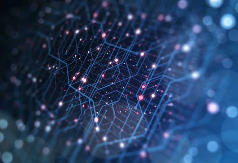 Abstract digital illustration of a network with interconnected blue lines and glowing nodes, representing Microsoft Application Management or data connections on a dark background with bokeh light effects.