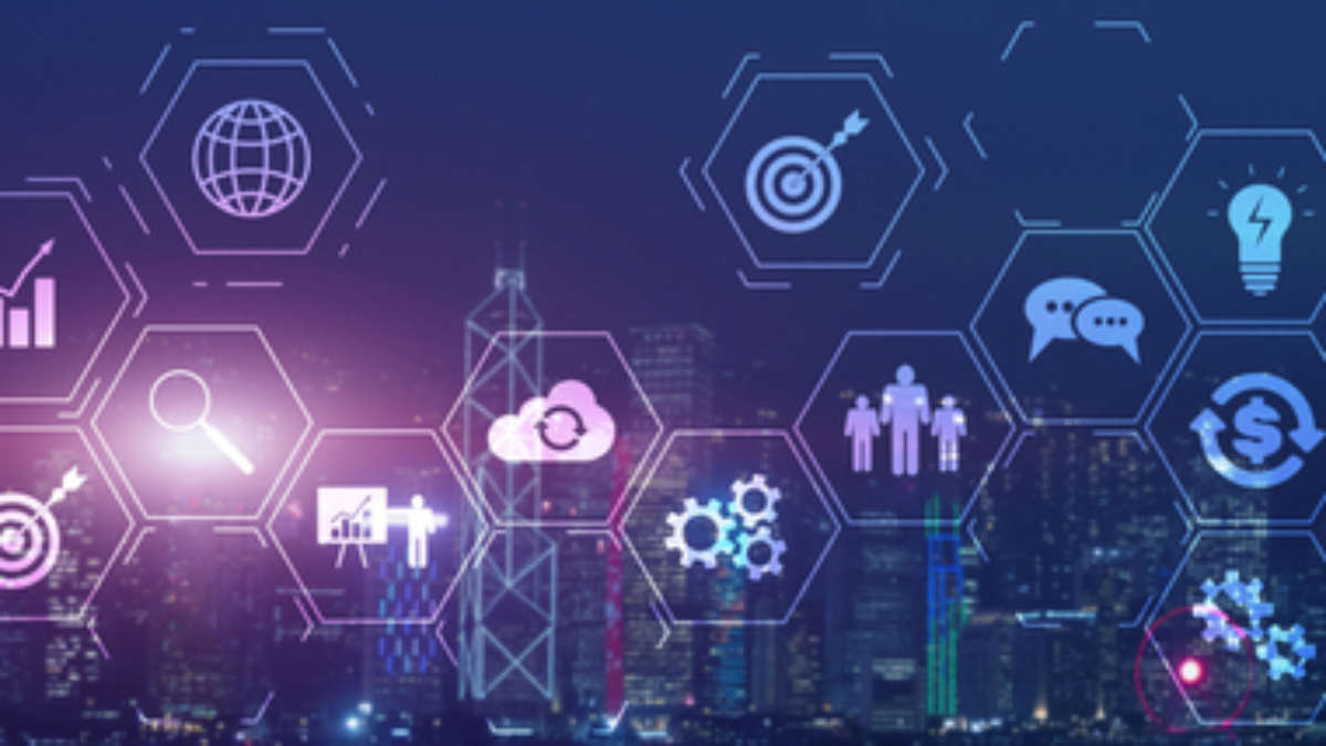 Hexagonal icons representing Microsoft ERP, technology, and business concepts are overlaid on a nighttime city skyline with glowing lights. The icons include gears, graphs, globes, targets, light bulbs, and people.