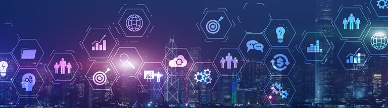 Hexagonal icons representing Microsoft ERP, technology, and business concepts are overlaid on a nighttime city skyline with glowing lights. The icons include gears, graphs, globes, targets, light bulbs, and people.
