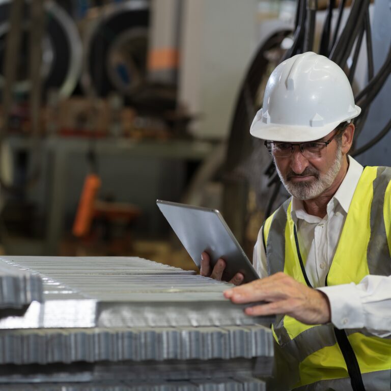 A man wearing a white hard hat, safety glasses, and a yellow reflective vest inspects metal sheets in a factory while holding a tablet. Industrial equipment is visible in the background.