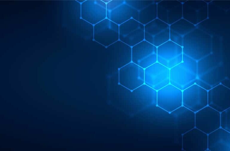 Blue glowing hexagonal shapes connect on a dark blue background, creating a futuristic, digital technology pattern reminiscent of Microsoft Business Solutions. The hexagons are brighter on the right and fade toward the left.
