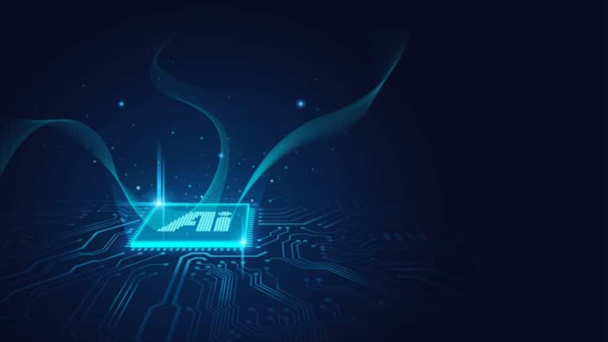 A glowing blue microchip with AI written on it, set on a dark circuit board background with digital light effects and wavy lines, representing artificial intelligence technology for a Copilot Readiness Workshop.