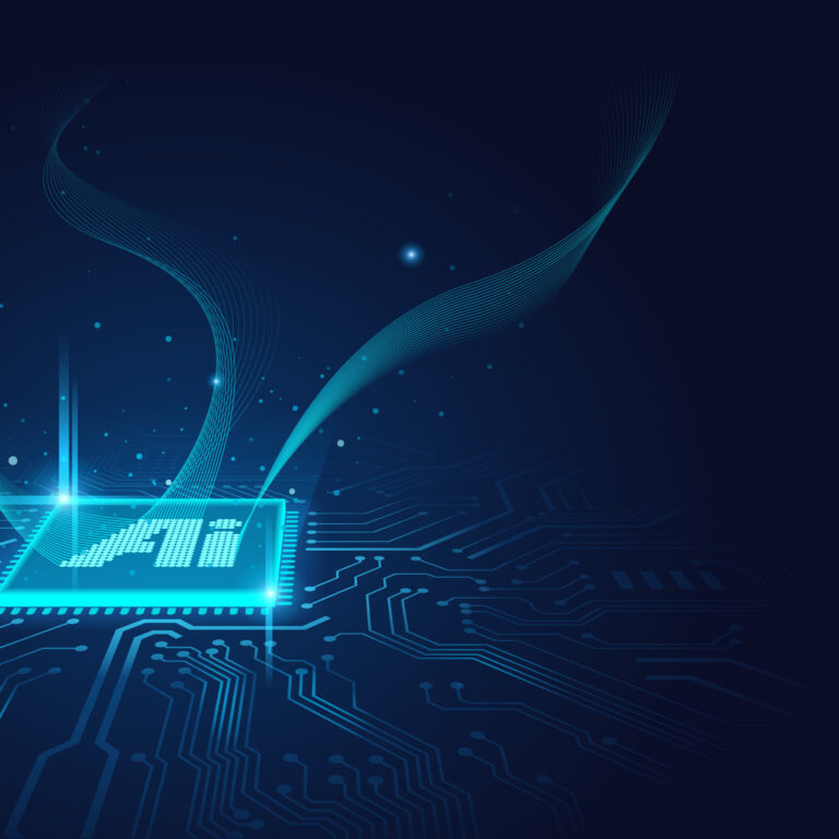 A glowing microchip labeled “AI” sits on a dark circuit board, with blue digital waves and particles emanating from it, symbolizing artificial intelligence technology and Copilot Readiness Workshop innovation.