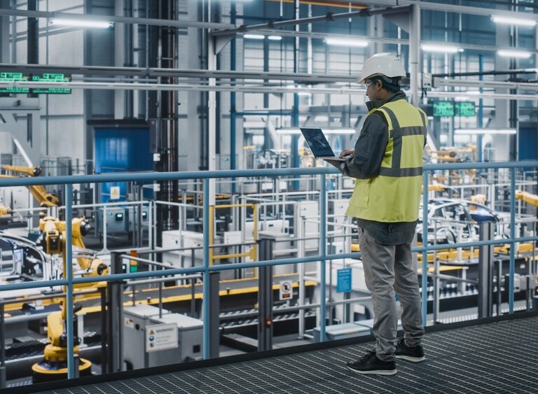 A worker in a yellow safety vest and hard hat stands on a balcony overlooking an automated factory floor, using a laptop to monitor the WMS while observing robotic arms and machinery operating below.