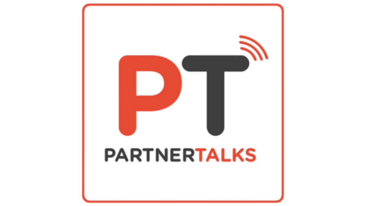 Logo for PARTNER TALKS with large letters PT in red and black; three curved lines above the T suggest sound waves. The text PARTNER TALKS appears below in smaller font. All elements are inside a red square outline.
