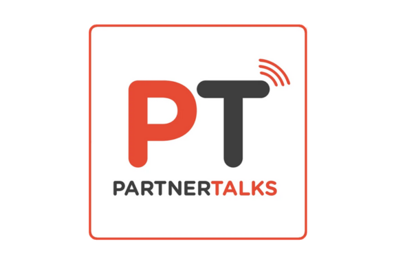 Logo for PARTNER TALKS with large letters PT in red and black; three curved lines above the T suggest sound waves. The text PARTNER TALKS appears below in smaller font. All elements are inside a red square outline.