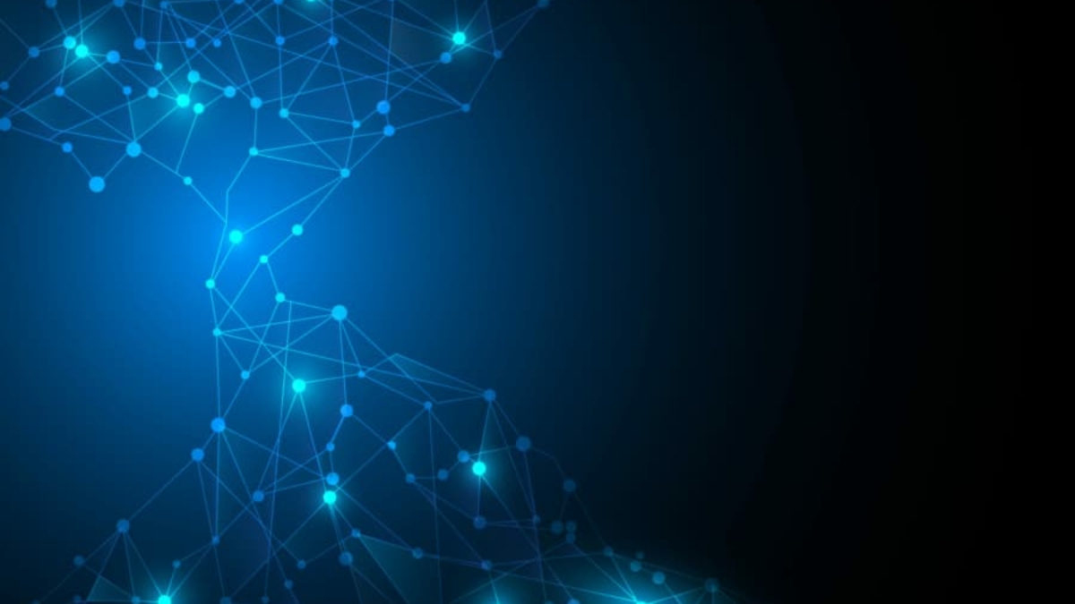 Abstract digital background with glowing blue connected dots and lines forming a network pattern on a dark gradient backdrop, suggesting technology or data connections.