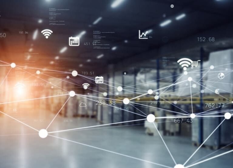 A warehouse with shelves and boxes is overlaid with digital icons and network lines, illustrating data, connectivity, and supply chain automation through smart technology integration in logistics.
