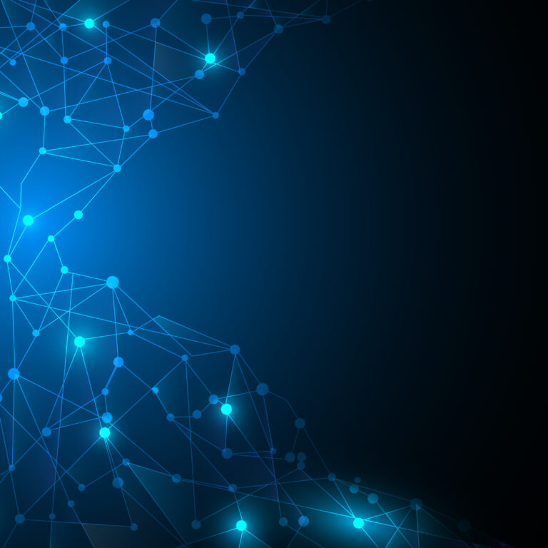Blue glowing network of interconnected dots and lines on a dark background, forming a digital, abstract, and slightly hourglass-shaped pattern with bright nodes and fading edges.