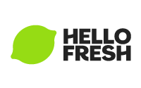 HelloFresh logo featuring a bright green lime graphic on the left and bold black text HELLO FRESH on the right, set against a light gray background.