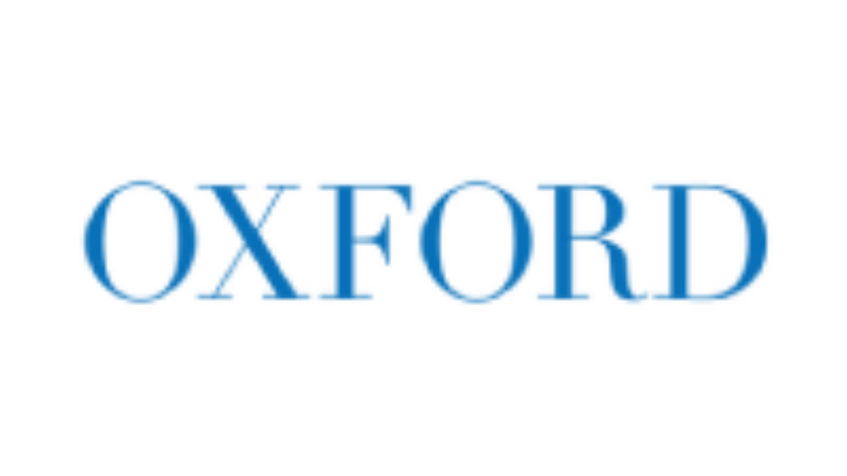 The word OXFORD is written in large, blue, serif capital letters on a light gray background.