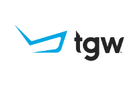 Logo with a blue angular checkmark-like design to the left of the bold, black lowercase letters tgw on a light gray background.