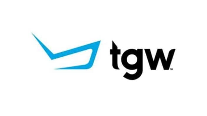 A blue abstract checkmark-like shape is on the left, next to the lowercase black letters tgw on a white background.