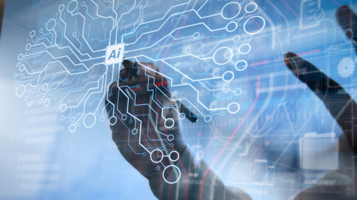 A hand draws on a transparent screen displaying digital circuit lines connected to a central Logistics AI chip, with blue-toned technology and data graphics in the background.