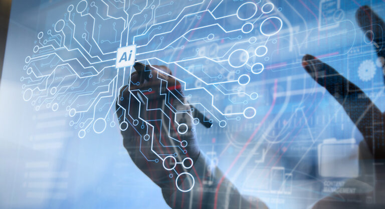 A hand draws on a transparent screen displaying digital circuit lines connected to a central Logistics AI chip, with blue-toned technology and data graphics in the background.