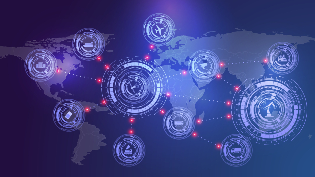 A digital world map with futuristic circular icons representing industries like transport, agriculture, technology, and healthcare—highlighting artificial intelligence in supply chain—connected by dotted lines and glowing red points.