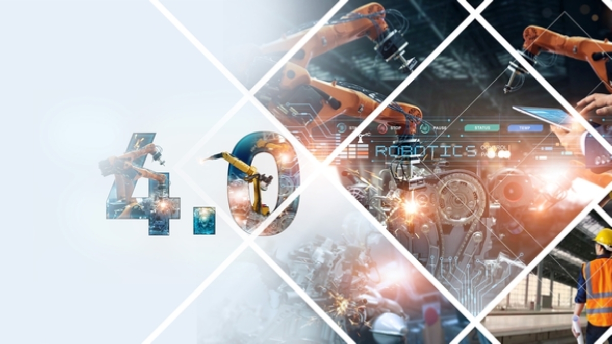 Collage of industrial robotics, workers with hard hats, and machinery symbolizing Industry 4.0, automation, and modern manufacturing technologies with 4.0 text in the image.