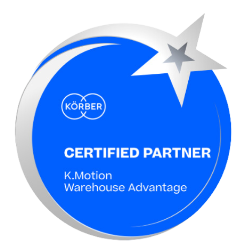 A blue circular badge with a silver star and arc, featuring the Körber logo and text: CERTIFIED PARTNER K.Motion Warehouse Advantage, representing körber wms expertise.