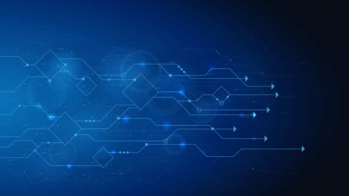 Abstract blue background with geometric circuit lines, arrows, and glowing dots, resembling a digital or technology concept with futuristic elements and a gradient from light to dark blue.