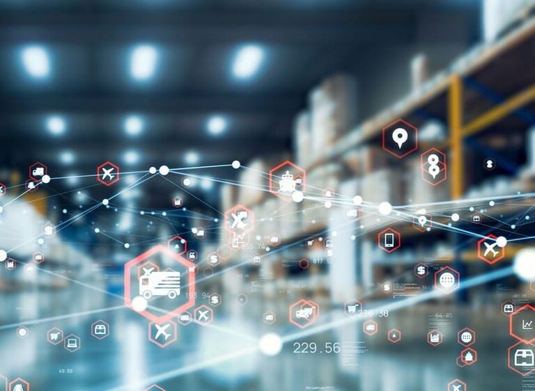 A warehouse with shelves full of boxes and digital network icons overlaying the image, representing logistics, supply chain, and connectivity in a modern, technology-driven environment.