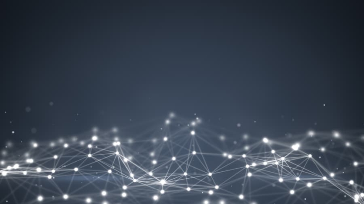 A dark background with a network of interconnected white dots and lines resembles a digital zebra pattern, creating an abstract web or neural network, with some glowing points scattered throughout.